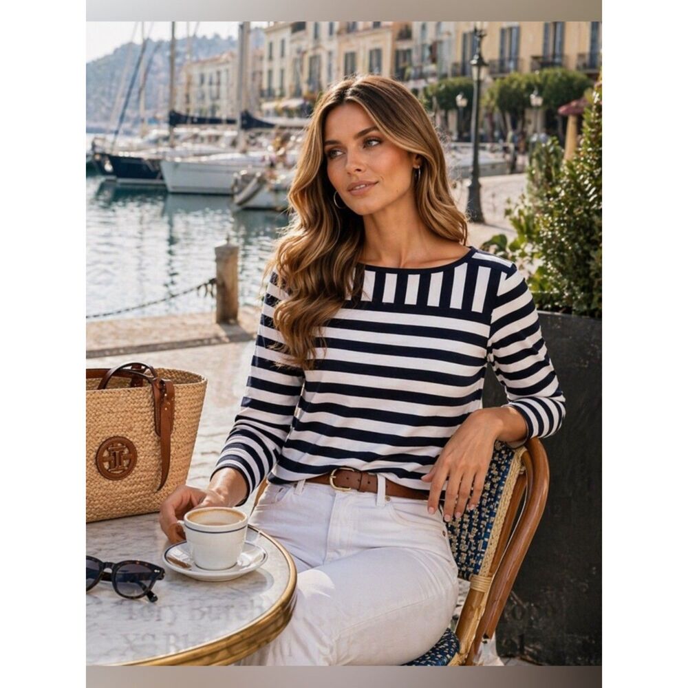 Tory Burch Augusta Sweater Top XS Blue Cream Stripe Nautical Knit Long Sleeve